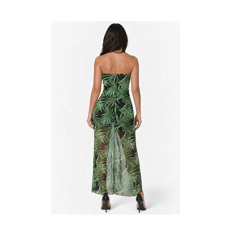 Bebe Women's Printed Mesh Twist Waist Strapless Maxi Dress
