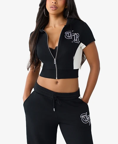 True Religion Women's Paneled Short-Sleeve Crop Zip Hoodie
