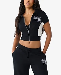 True Religion Women's Paneled Short-Sleeve Crop Zip Hoodie