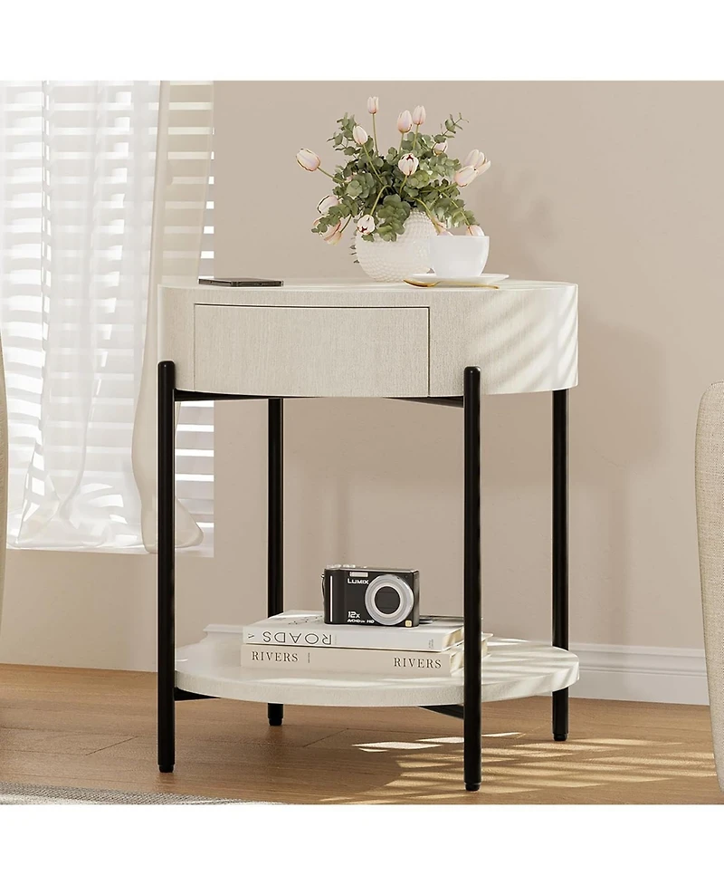 Round Farmhouse End Table with Drawer, Wood-Grain Top and Metal Legs, Vintage Nightstand,White