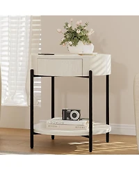 Round Farmhouse End Table with Drawer, Wood-Grain Top and Metal Legs, Vintage Nightstand,White
