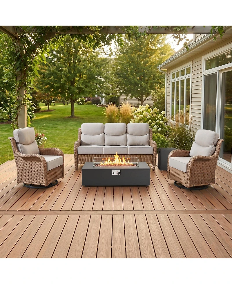 Pocassy Patio Furniture Set with Fire Pit Table 43inch, 5-Piece Outdoor Furniture Conversation Set with 6-inch Cushions for Backyard, Garden, Deck