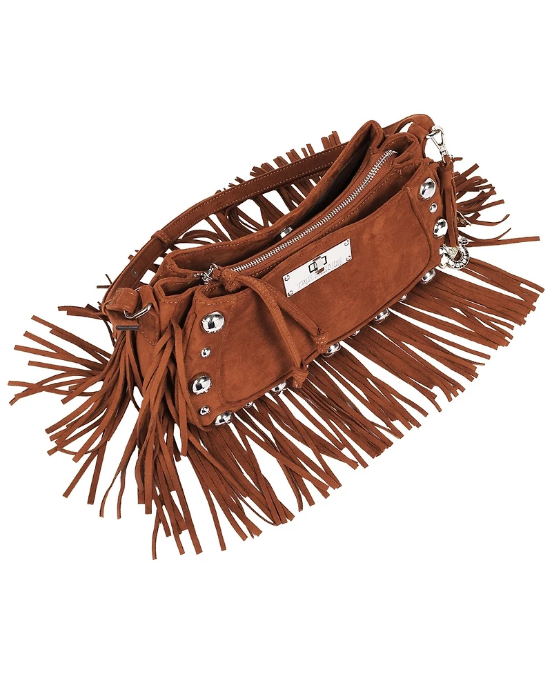 True Religion Vintage Dangle Fringe Hobo Bag with Studded Trim and Charm Accents