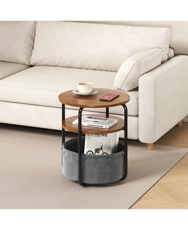 homfan 3-Tier Round Computer Desk , 23.6" Metal Frame ,Fabric Storage ,Bedside Table for Bedroom, Living Room, Office Space-Saving