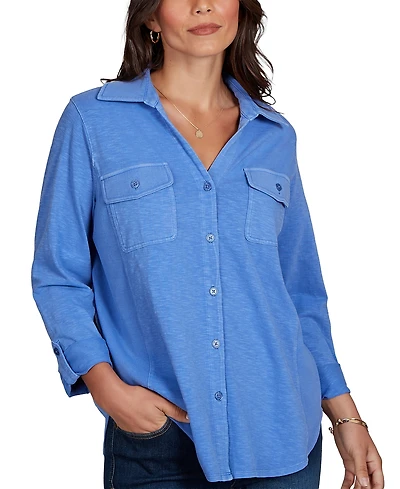 Ruby Rd. Petite Rib Trim Button-Front Knit Top
