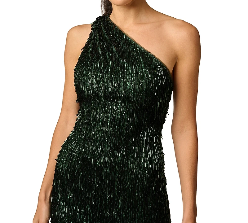 Adrianna Women's One-Shoulder Fringe Sequin Long Dress