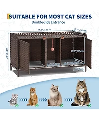 homfan Rattan Cat Litter Box Enclosure – Handwoven Hidden Washroom Cabinet with Door, Mat and S-Hooks, Spacious Dual-Room Furniture