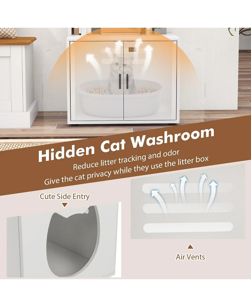 Ruie 56 Inch Tall Cat Litter Box Enclosure Cabinet with Storage Shelves