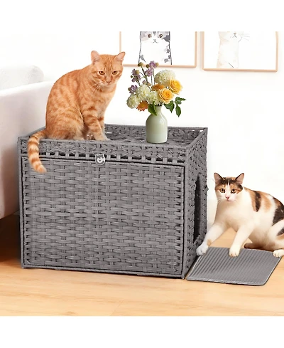 homfan Rattan Cat Litter Box Cabinet – Large Hidden Enclosure with Mat and Barrier, Handwoven Boho Style Furniture with Lightweight Metal Frame
