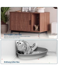 homfan Cat Litter Box End Table - 39" Hidden House Enclosure with Sliding Door, Mat, Multi-Functional Wooden Pet Cabinet for Living Room