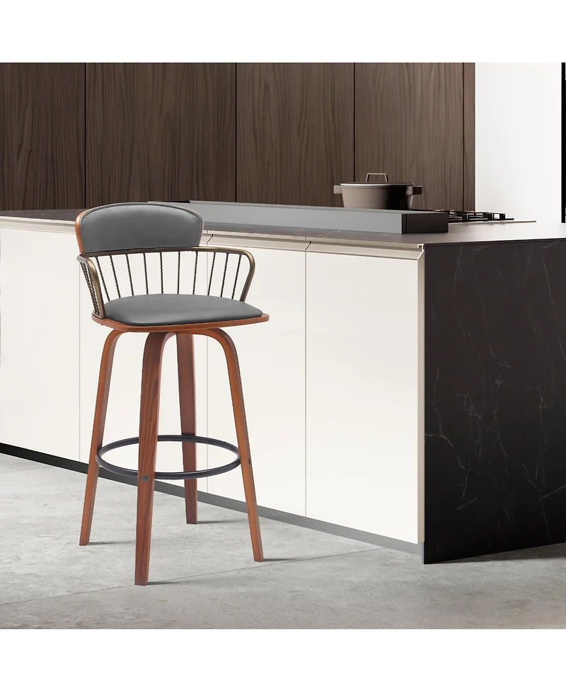 Clihome Leather Bar Stool with Brass Backrest, Modern Swivel Counter Height Chair, Wood Leg Kitchen Island Stool