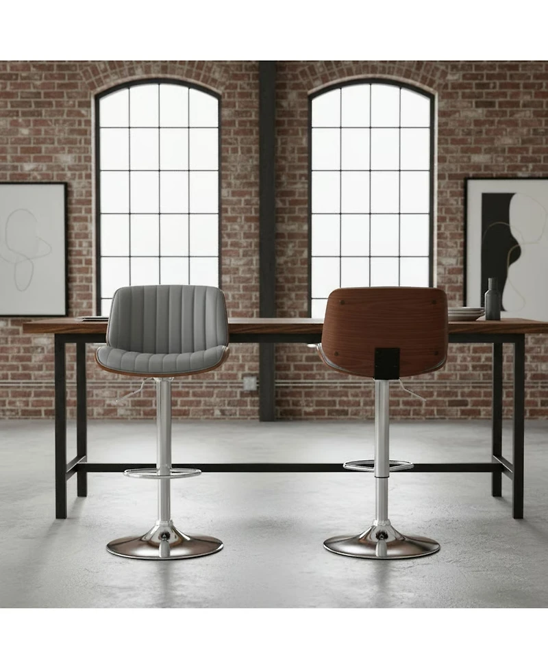 Clihome Leather Adjustable Bar Stool with Wood Trim, Modern Swivel Counter Height Chair, Kitchen Stool