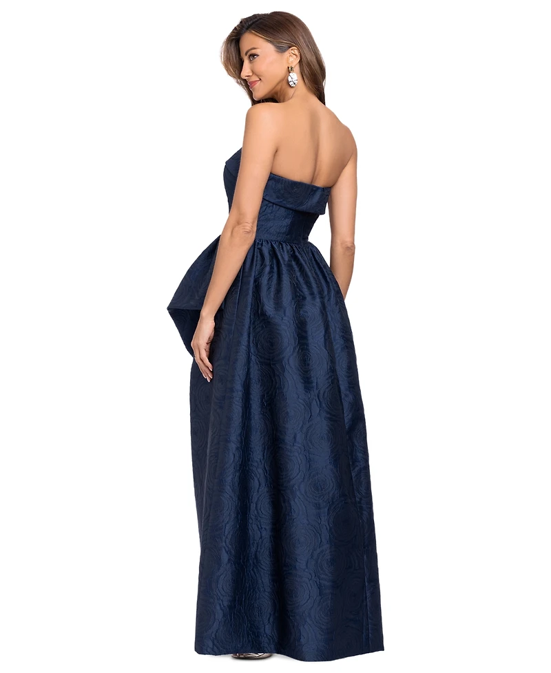 Xscape Women's Brocade Strapless Ruffle Gown