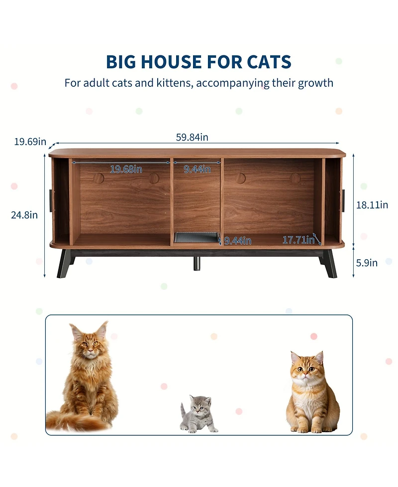 homfan Cat Litter Box Enclosure - 59" Large Hidden Furniture with Sliding Door Access, Ventilated Pet House