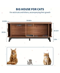 homfan Cat Litter Box Enclosure - 59" Large Hidden Furniture with Sliding Door Access, Ventilated Pet House