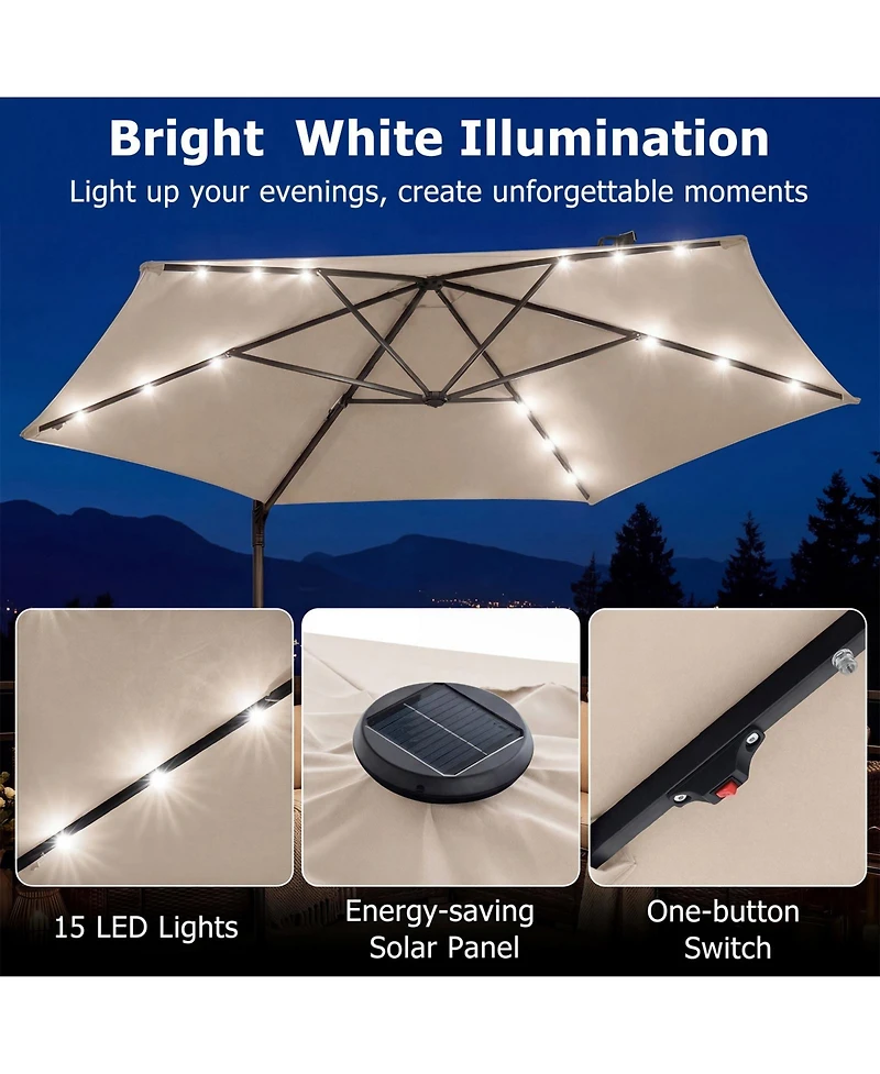 Costway 10 Feet Patio Cantilever Umbrella Large Offset Hanging With Solar Led Lights