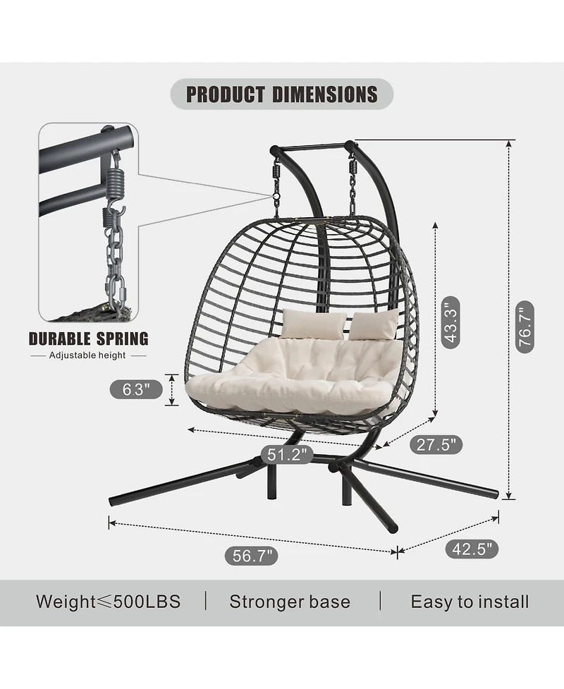 Vlsrka Double Hanging Egg Chair with Stand, Cushioned Patio Swing Loveseat, Indoor Outdoor Use