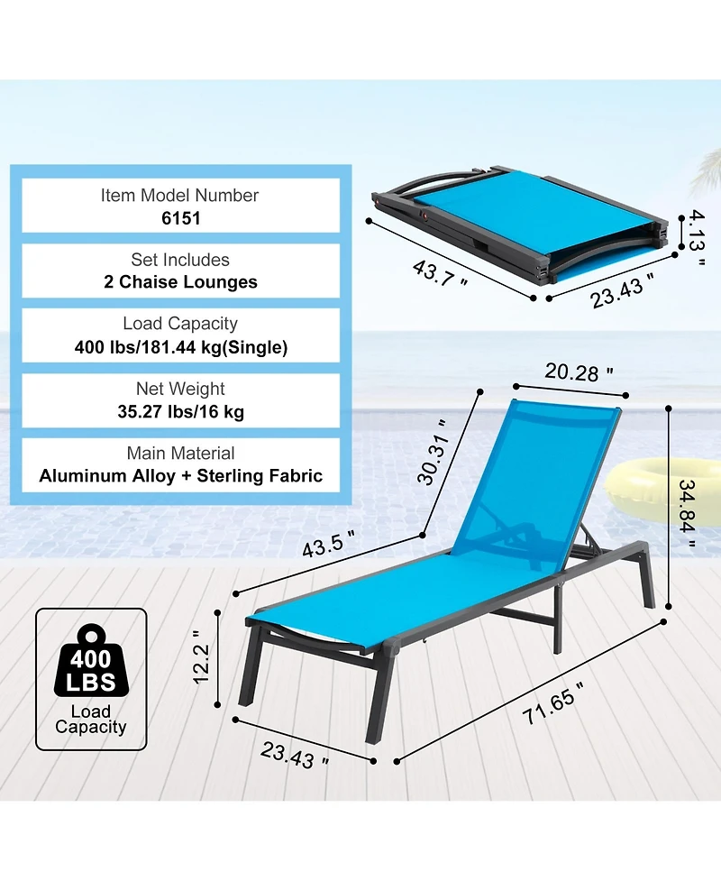 Vevor Chaise Lounge Chair Outdoor Patio Lounge Chair Adjustable 5-Position 2 pcs