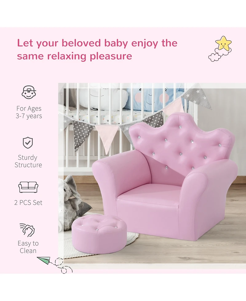 Qaba Kids Sofa Set, Children's Upholstered Sofa with Footstool, Princess Sofa with Diamond Decorations, Baby Sofa Chair for Toddlers, Girls, Pink
