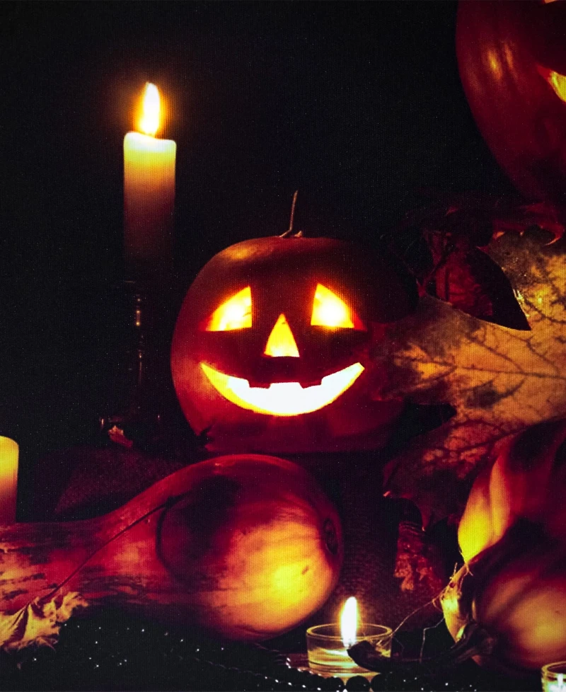 Led Lighted Jack-o-Lanterns and Leaves Halloween Canvas Wall Art, 15.75" x 23.5"