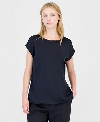 Tahari Asl Women's Sleeveless Fringe Boat Neck Satin Blouse