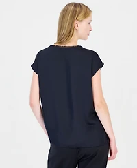 Tahari Asl Women's Sleeveless Fringe Boat Neck Satin Blouse
