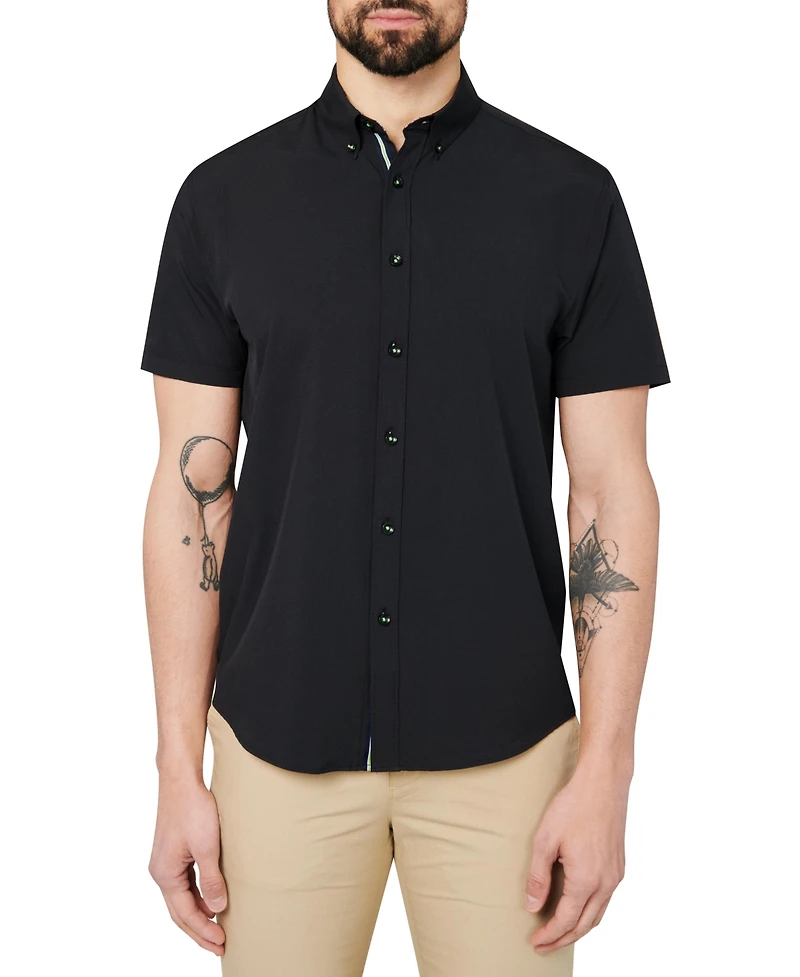 Society of Threads Men's Regular Fit 4-Way Stretch Performance Solid Short Sleeve Button Down