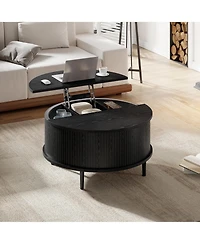 gaomon Round Lift-Top Storage Coffee Table with Vertical Striped Panel, Multi-Functional Hidden Center for Living Room