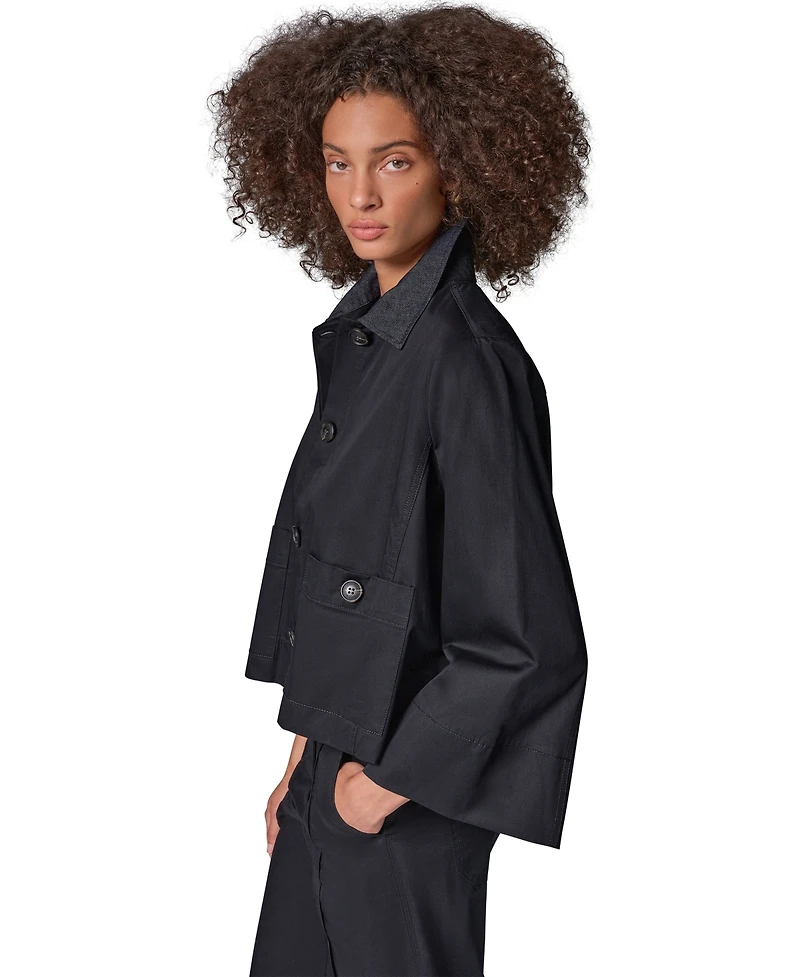 Donna Karan Weekend Women's Twill Bell-Sleeve Trapeze with Denim Collar Jacket