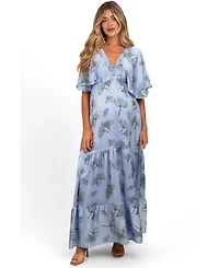 Pinkblush Maternity Floral Satin Deep V-Neck Maxi Dress