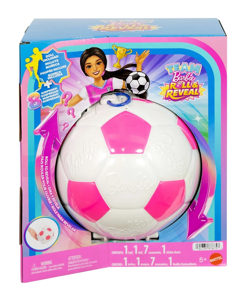 Barbie Roll & Reveal Soccer Player 10.63" Fashion Doll with 8 Surprises, Ages 5+