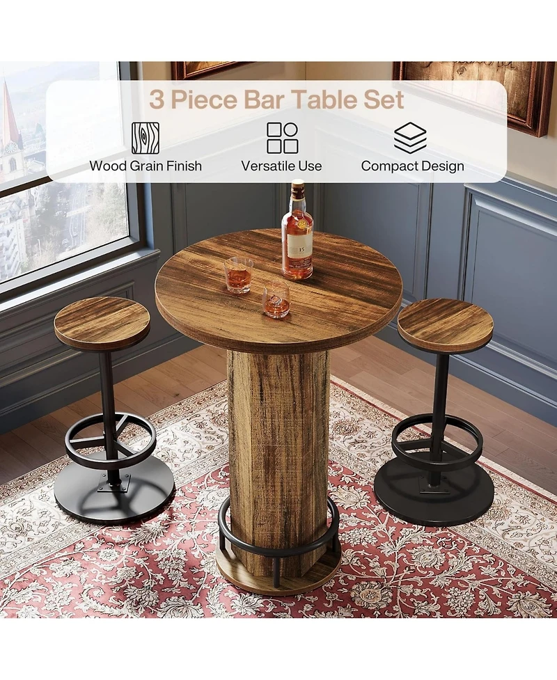 Yiortwo Round Bar Table Set with 2 Matching Bar Stools Rustic Wood and Metal Bistro Pub Furniture