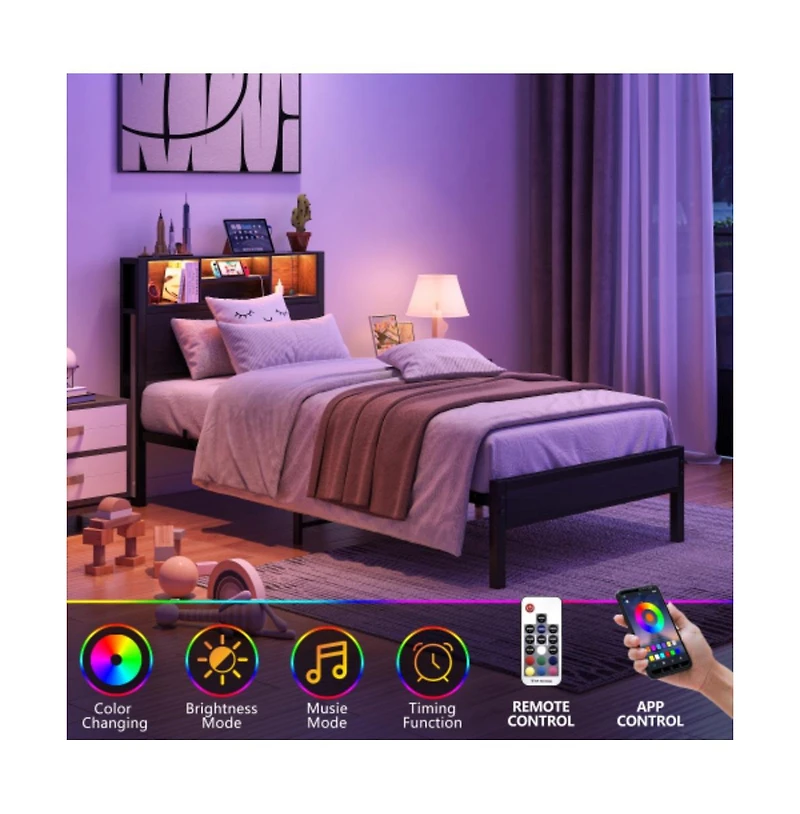 Lucky One Twin Size Bed Frame with Storage Headboard, Charging Station, Bookcase, Led Lights, Metal Platform, No Box Spring Needed
