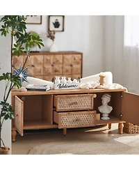 Clihome Rattan Tv Stand for 60 Inch Tv, Boho Media Console with Drawers, Farmhouse Entertainment Center