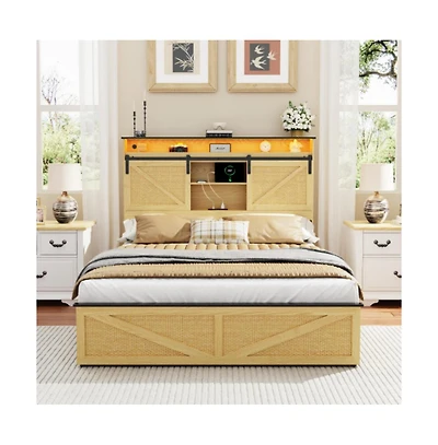 Lucky One Full Size Farmhouse Bed Frame with Storage Headboard, 2 Drawers, Usb Charging Station, Led Lights, Wooden Slats, No Box Spring Needed
