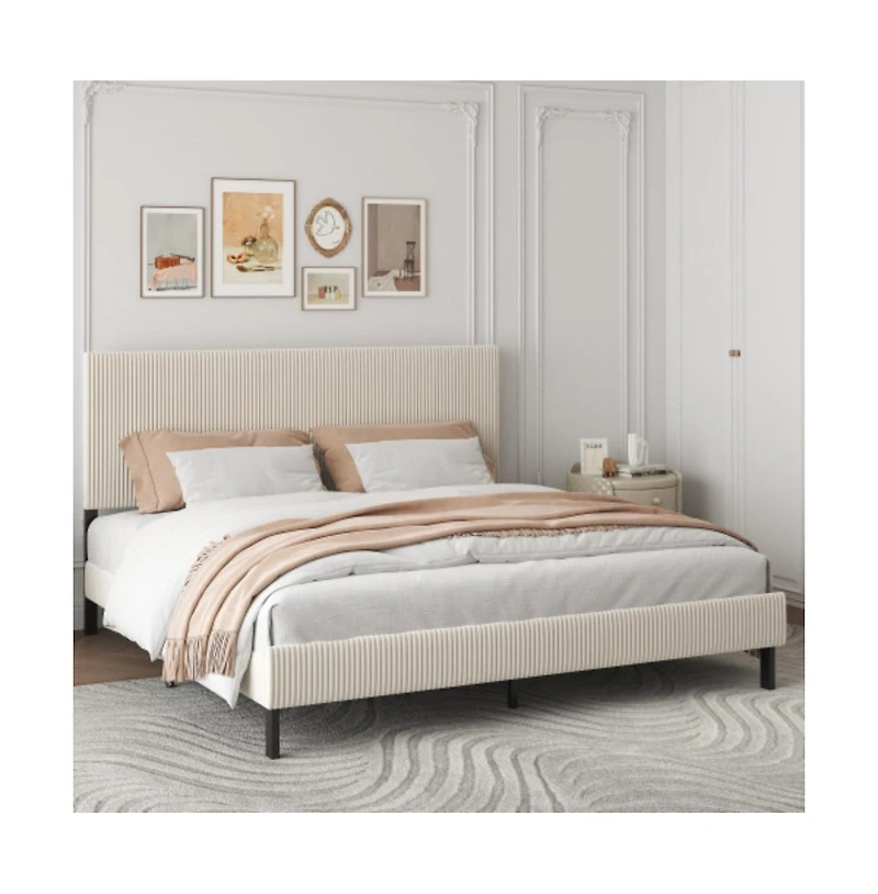 Lucky One King Size Platform Bed Frame with Upholstered Headboard, Sturdy Metal Frame, Wood Slats, No Box Spring Needed, Easy Assembly