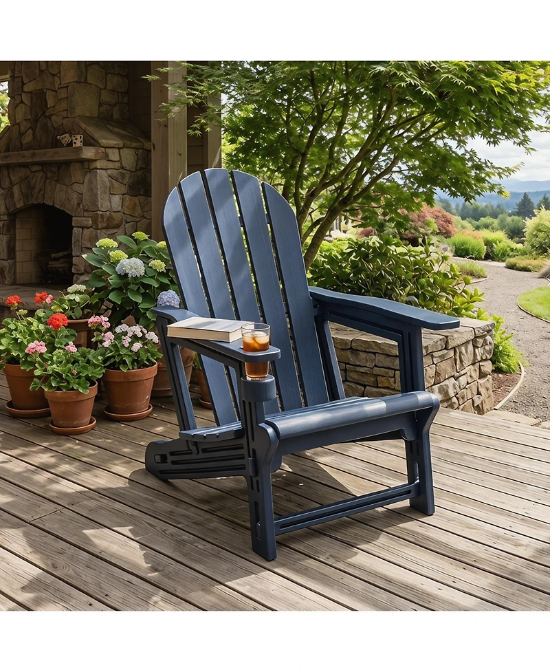 Gymax Adirondack Chair Hdpe All-Weather Fire Pit Chair with Cup Holder and Wooden Texture