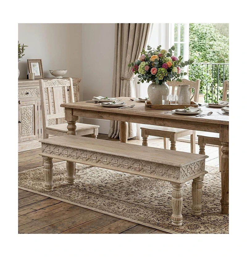 HomeRoots 58" Floral Distressed Solid Wood Dining Bench