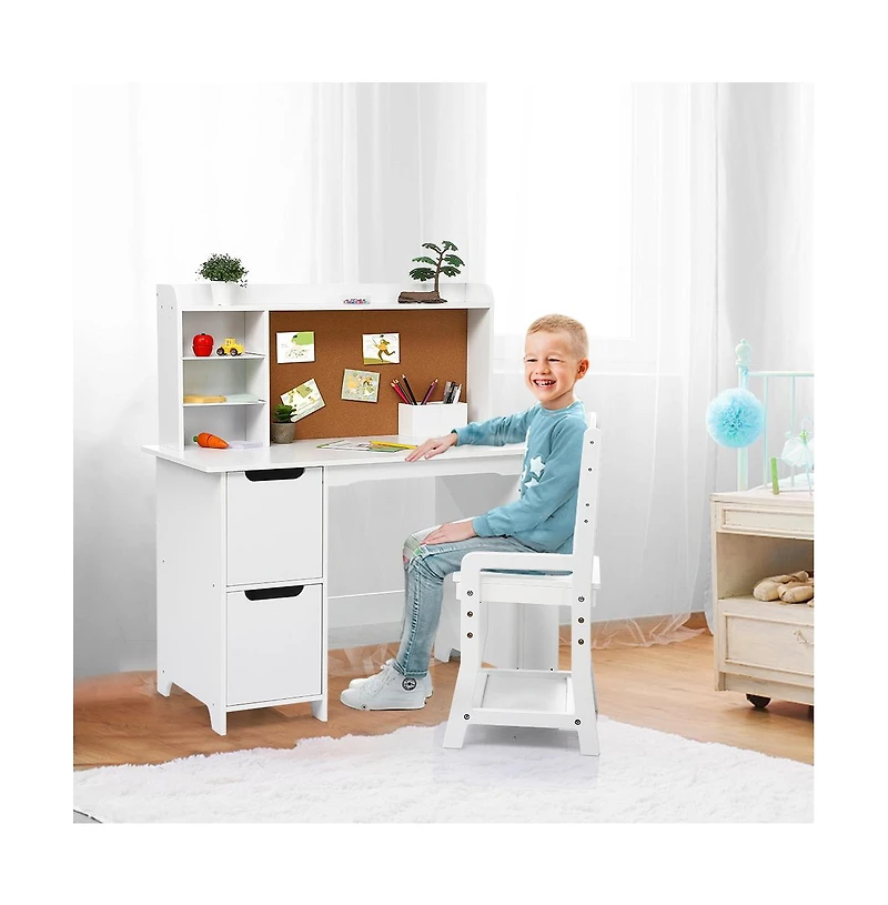 homfan Kids Study Desk and Chair Set with Bookshelf, Bulletin Board and Cabinets Wooden Vanity for Boys and Girls Ages 3-8 for Bedroom or Playroom