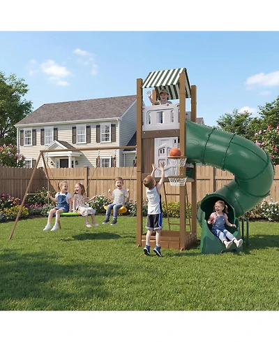 homfan Swing Set for Backyard, Kids Outdoor Playhouse Equipment with Turbo Tube Slide and Basketball Hoop