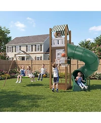 homfan Swing Set for Backyard, Kids Outdoor Playhouse Equipment with Turbo Tube Slide and Basketball Hoop