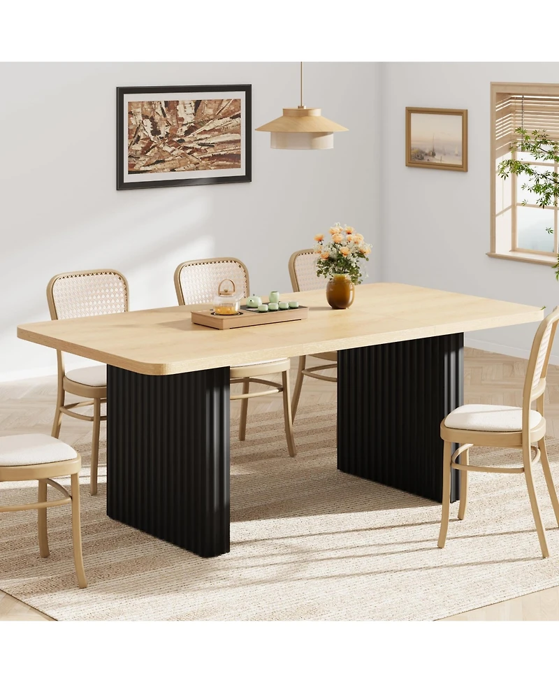 homfan 71-Inch Farmhouse Dining Table for 6-8, Wood Top with Black Fluted Wave Metal Legs