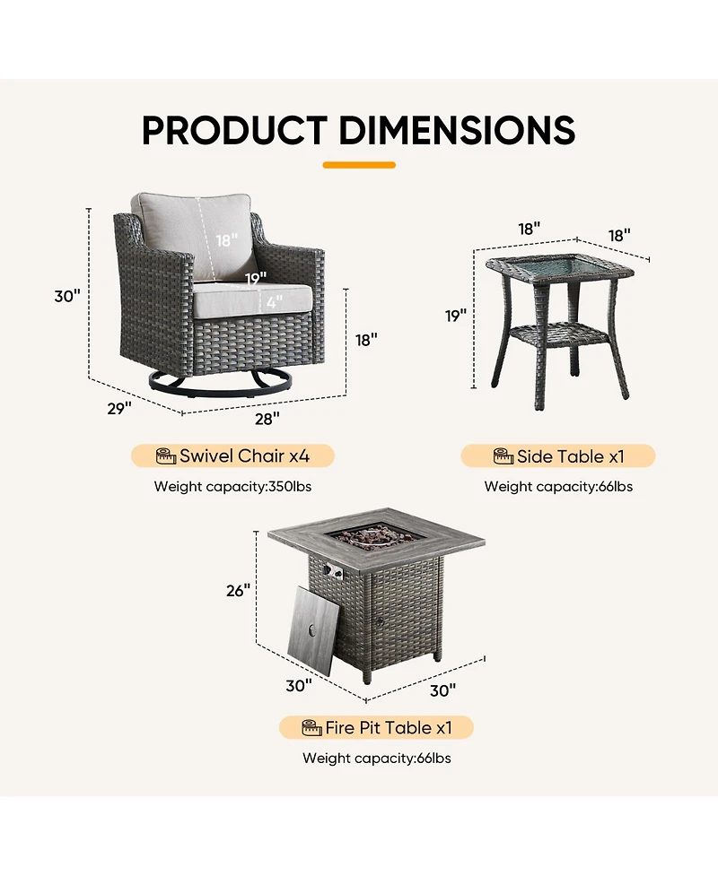 Pocassy 7-Piece Outdoor Conversation Set with Fire Pit Table, 4 Swivel Rocking Chairs and 2 Side Tables, All-Weather Pe Rattan and Steel Frame