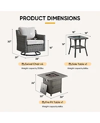 Pocassy 7-Piece Outdoor Conversation Set with Fire Pit Table, 4 Swivel Rocking Chairs and 2 Side Tables, All-Weather Pe Rattan and Steel Frame