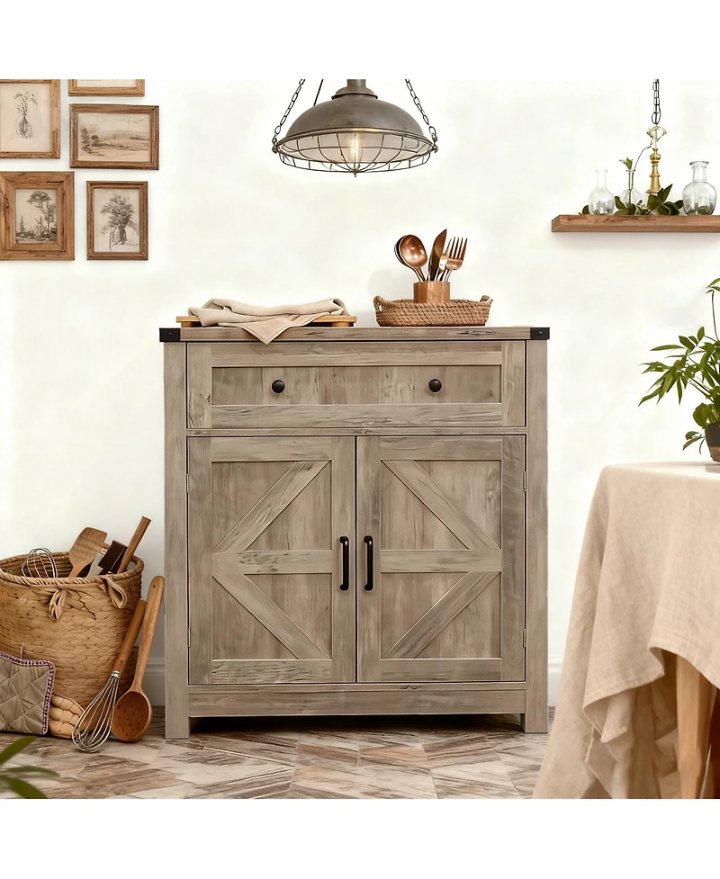 Clihome Wood-Grain Top Farmhouse Barn-Door Storage Cabinet