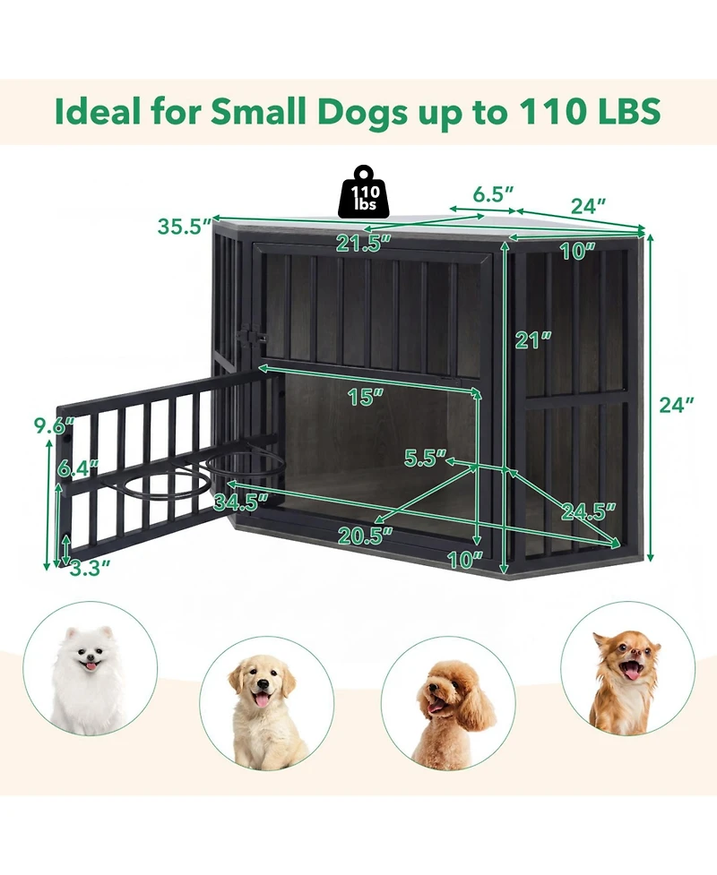 Ruie 35.5 Inch Wooden Dog Kennel End Table with 3 Position Bowl Rack