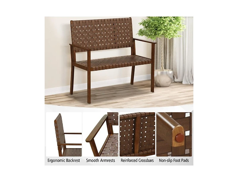 Lucky One Outdoor Loveseat Bench with Rubber Wood Frame and Hand Woven Pu Leather