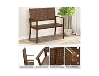 Lucky One Outdoor Loveseat Bench with Rubber Wood Frame and Hand Woven Pu Leather