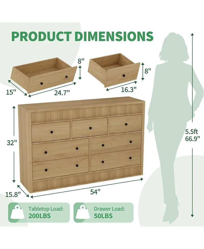 homfan 54" Wide Oak Finish 7-Drawer Fluted Dresser, Modern Wood Storage Chest