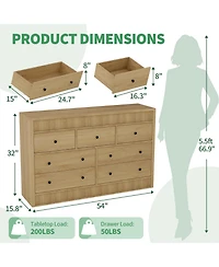 homfan 54" Wide Oak Finish 7-Drawer Fluted Dresser, Modern Wood Storage Chest